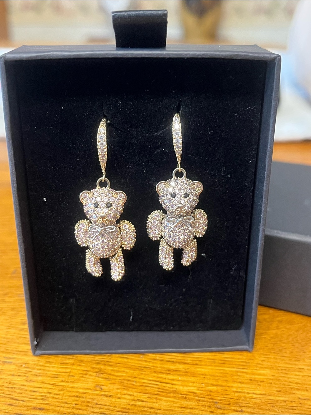 Cute Crystal Teddy Drop Earrings in Rose Gold movable arms and legs